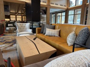 Lobby sofa with pillows. Feb. 2026